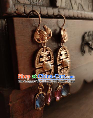 China Handmade Ancient Empress Golden Bat Earrings Jewelry Traditional Ming Dynasty Queen Ear Accessories