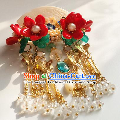 Chinese Traditional Hanfu Shell Carving Fan Hair Stick Ancient Palace Lady Red Flowers Tassel Hairpin