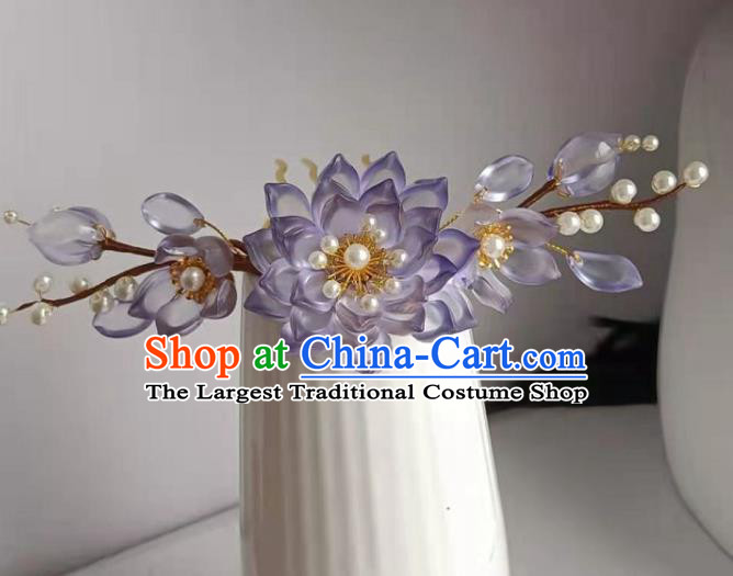 Chinese Ancient Court Woman Pearls Hair Comb Traditional Ming Dynasty Princess Purple Lotus Hair Crown