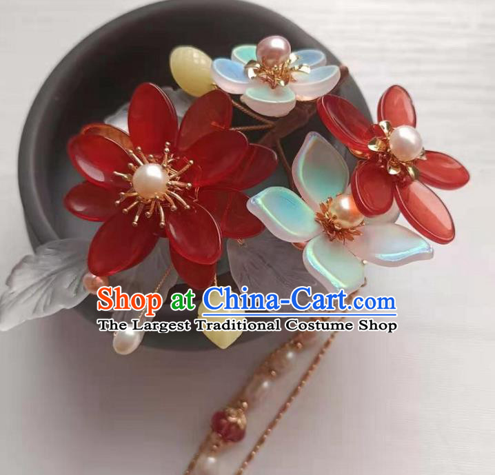 Chinese Hanfu Hair Accessories Traditional Ming Dynasty Red Flowers Hair Stick Ancient Patrician Lady Hairpin