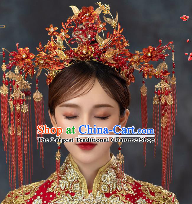 Chinese Traditional Wedding Headdress Xiuhe Suit Bride Hair Crown Classical Luxury Red Tassel Phoenix Coronet