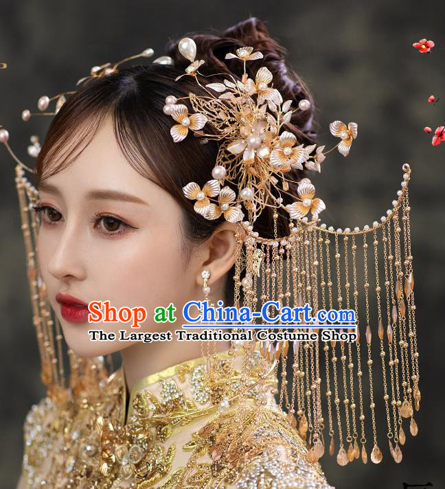 Chinese Classical Bride Tassel Hair Sticks Traditional Wedding Headwear Xiuhe Suit Golden Flowers Hairpins