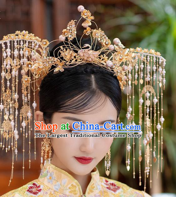 Chinese Classical Bride Tassel Phoenix Coronet Traditional Wedding Hair Accessories Xiuhe Suit Swan Hair Crown