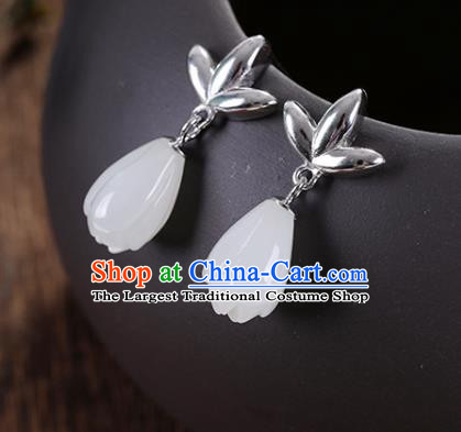 China Handmade Silver Earrings Traditional Cheongsam Jade Mangnolia Ear Accessories