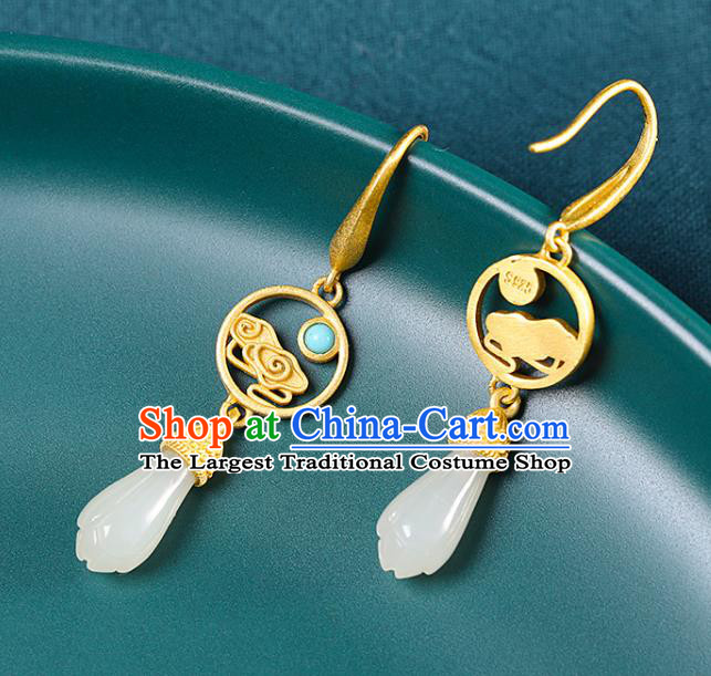 China Handmade Golden Cloud Earrings Traditional Cheongsam Hetian Jade Ear Accessories