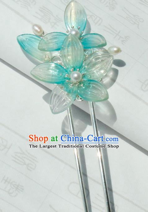 Chinese Ancient Princess Blue Lotus Hairpin Traditional Hanfu Ming Dynasty Hair Stick