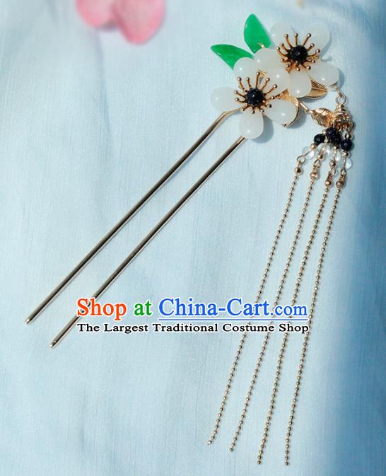 Chinese Ancient Palace Lady Long Tassel Hairpin Traditional Hanfu Ming Dynasty White Plum Blossom Hair Stick