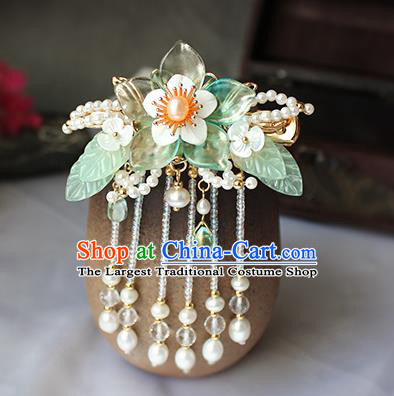 Chinese Ancient Princess Pearls Tassel Hair Stick Traditional Hanfu Ming Dynasty Green Flower Hair Claw