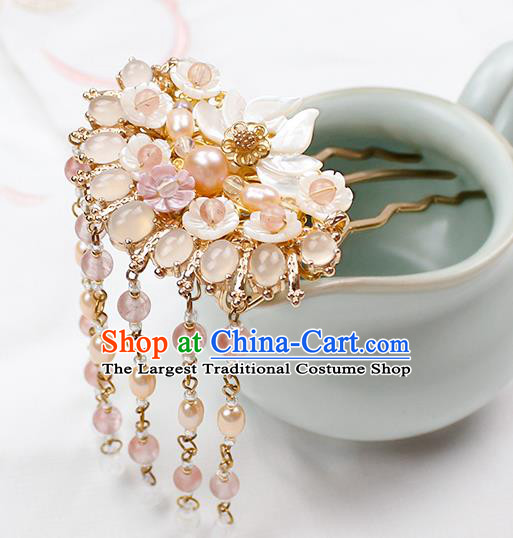 Chinese Ancient Princess Chalcedony Pearls Tassel Hairpin Traditional Hanfu Song Dynasty Shell Lotus Hair Comb