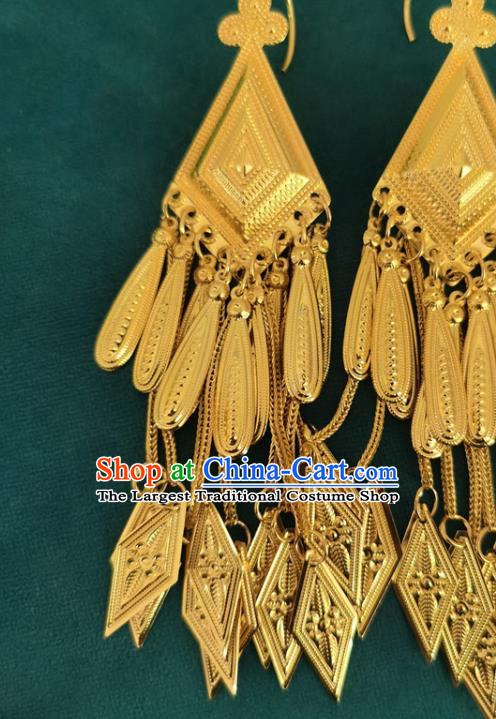 China Traditional Yi Nationality Folk Dance Ear Accessories Handmade Liangshan Ethnic Folk Dance Golden Tassel Earrings