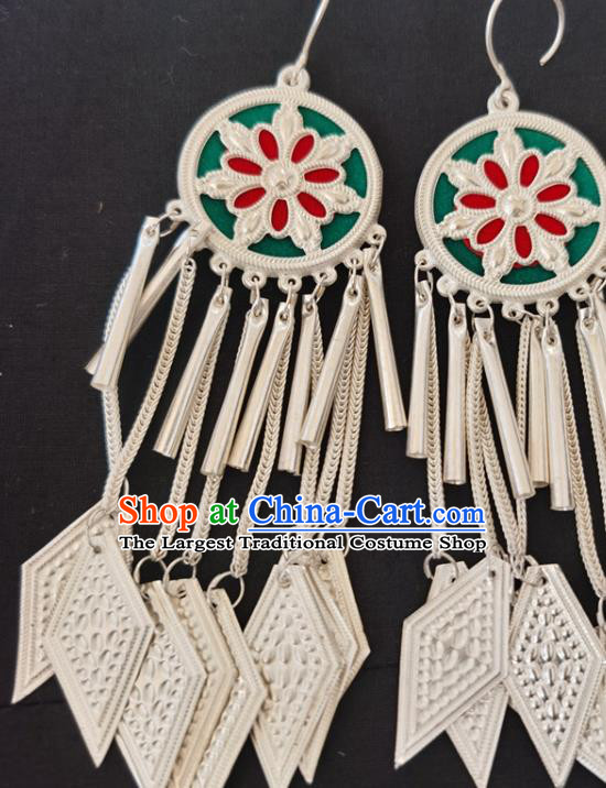 China Traditional Yi Nationality Woman Silver Tassel Ear Accessories Handmade Liangshan Ethnic Folk Dance Earrings