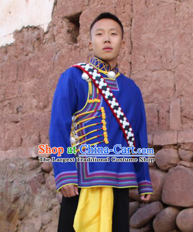 China Yi Nationality Male Blue Woolen Jacket Traditional Ethnic Upper Outer Garment