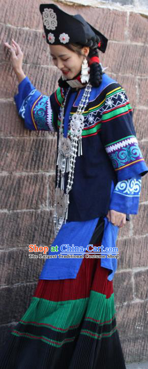 China Yi Nationality Woman Folk Dance Clothing Traditional Liangshan Ethnic Stage Performance Costumes and Hat