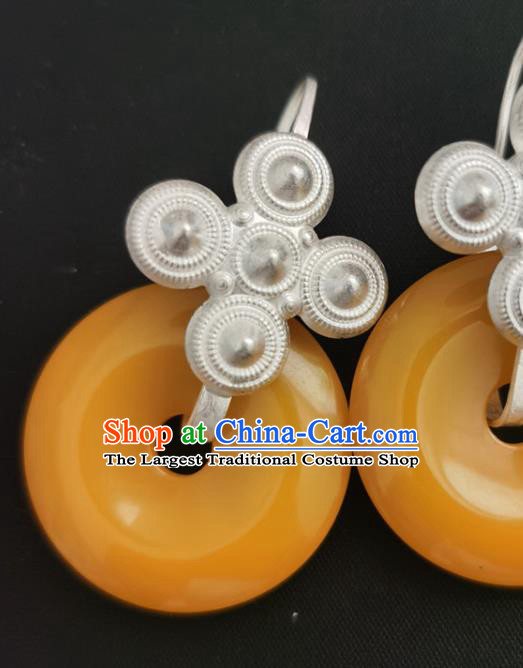 China Traditional Yi Nationality Silver Ear Accessories Handmade Liangshan Ethnic Yellow Peace Buckle Earrings