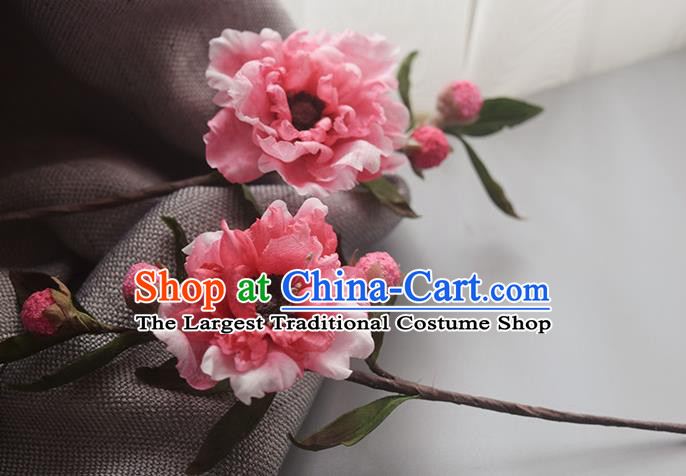 Chinese Handmade Hairpin Cheongsam Hair Accessories Traditional Hanfu Pink Silk Plum Blossom Hair Stick