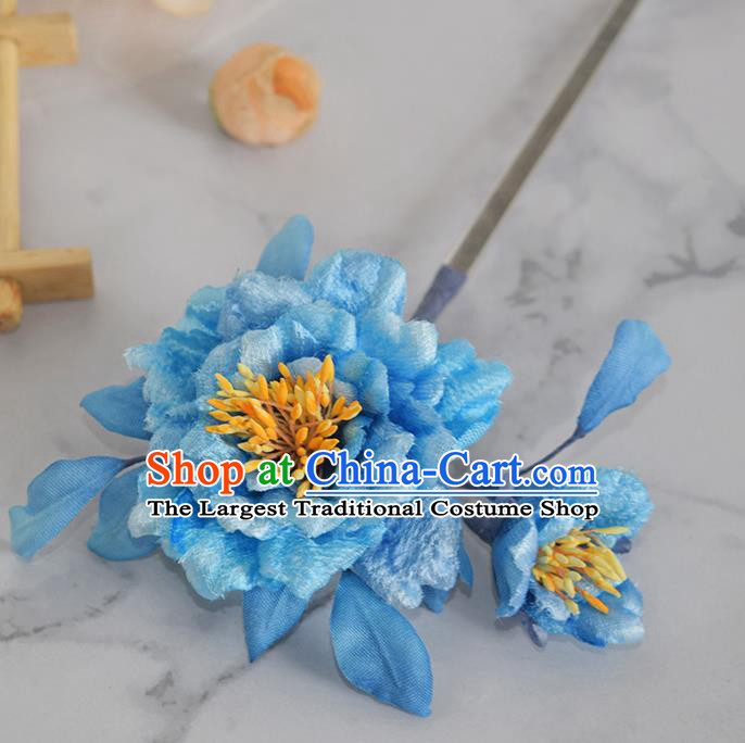 Chinese Handmade Ancient Imperial Concubine Hairpin Traditional Ming Dynasty Empress Blue Silk Peony Hair Stick