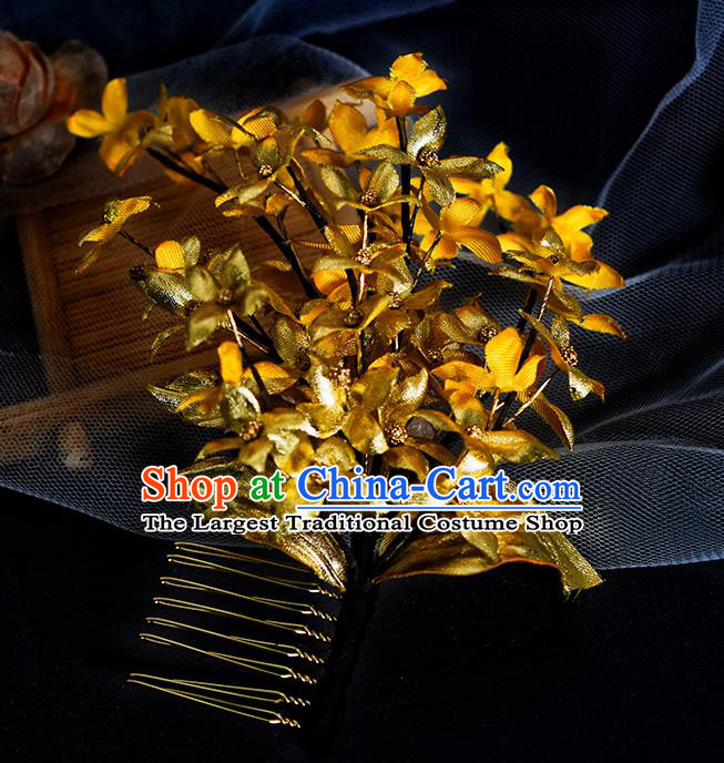 Chinese Handmade Ancient Empress Hairpin Traditional Ming Dynasty Golden Flowers Hair Comb