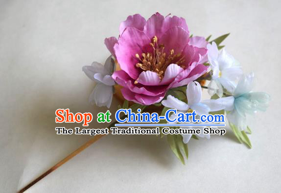 Chinese Classical Cheongsam Pink Silk Peony Hairpin Traditional Hanfu Ancient Imperial Concubine Hair Stick