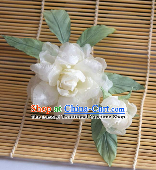 Chinese Handmade White Silk Gardenia Hairpin Traditional Qipao Dress Hair Stick