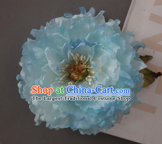 Chinese Traditional Ming Dynasty Blue Silk Peony Hair Stick Handmade Hair Accessories Cheongsam Hairpin