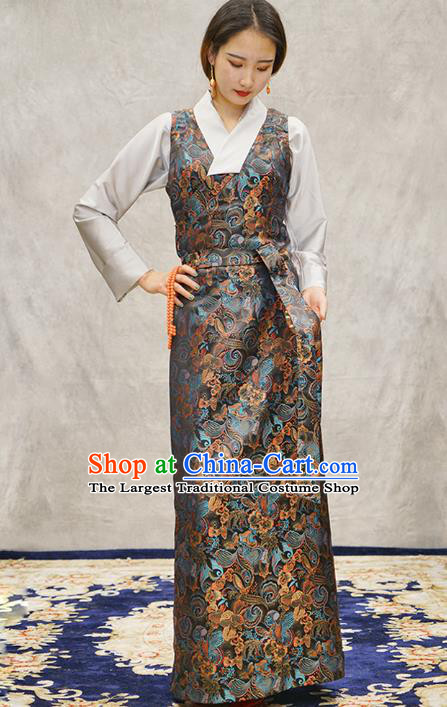 China Tibetan Ethnic Woman Costume Zang Nationality Grey Brocade Bola Dress Clothing