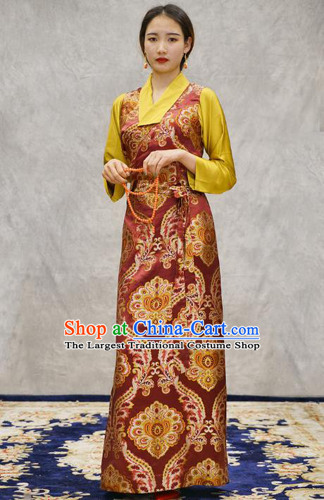 China Zang Nationality Red Brocade Bola Dress Clothing Tibetan Ethnic Woman Costume