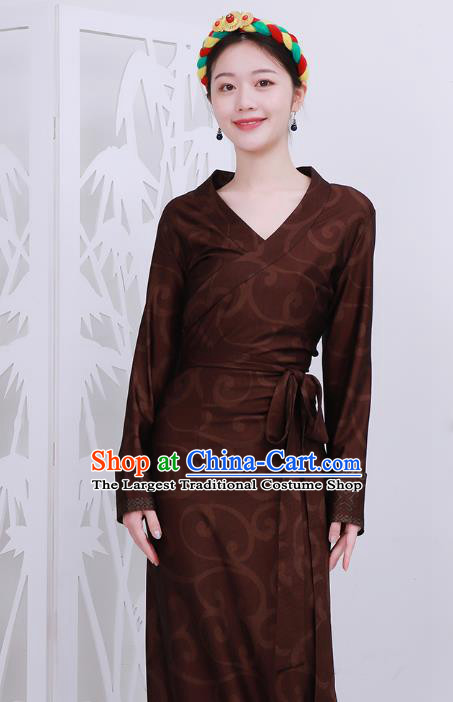 Chinese Zang Nationality Woman Clothing Tibetan Minority Rust Red Bola Dress Costume