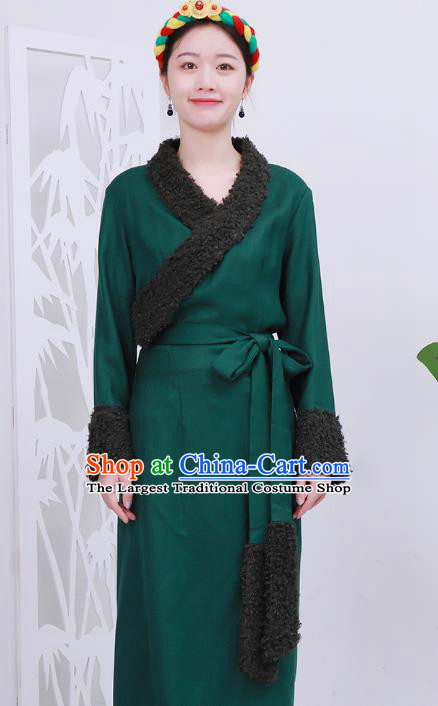 Chinese Tibetan Minority Green Woolen Bola Dress Costume Zang Nationality Woman Winter Clothing