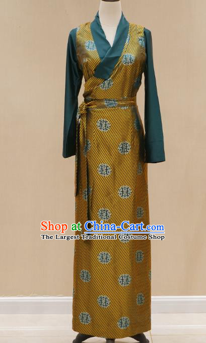 China Zang Nationality Golden Brocade Bola Dress Clothing Tibetan Ethnic Woman Stage Performance Costume