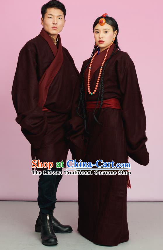 China Tibetan Ethnic Woolen Robe Costume Zang Nationality Folk Dance Clothing