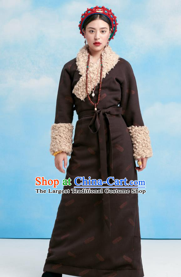 China Tibetan Ethnic Folk Dance Winter Costume Zang Nationality Deep Brown Bola Robe Clothing