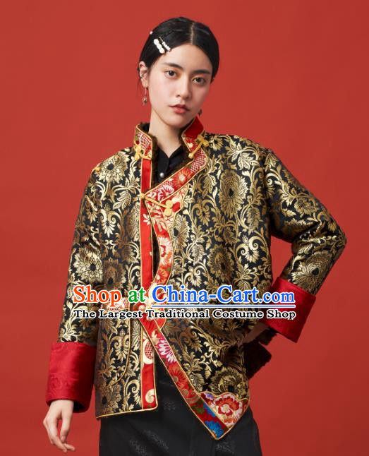 Chinese Zang Nationality Outer Garment Clothing Tibetan Ethnic Black Brocade Jacket