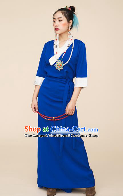 China Zang Nationality Blue Bola Dress Tibetan Ethnic Woman Folk Dance Clothing