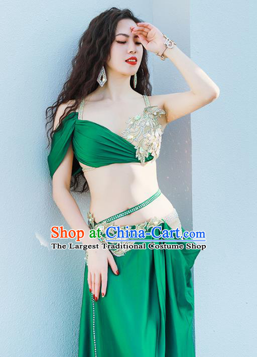 Traditional Oriental Dance Stage Performance Clothing Asian Indian Belly Dance Green Bra and Skirt Outfits