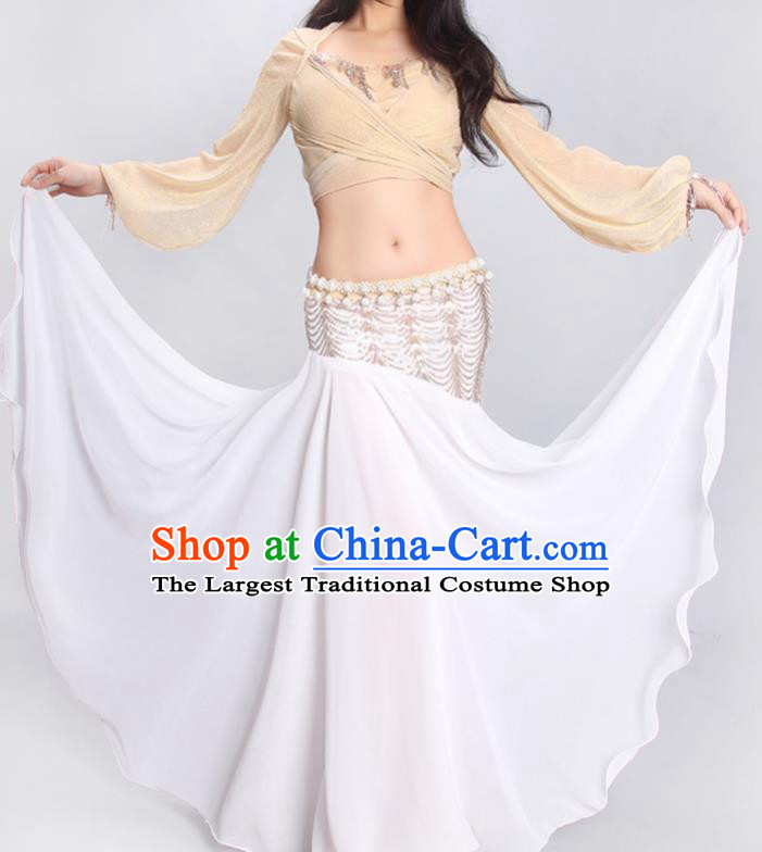 Indian Traditional Belly Dance Outfits Asian Oriental Dance Training Beige Blouse and White Skirt Clothing