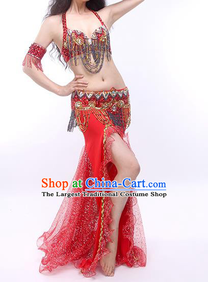 India Oriental Dance Bra and Skirt Outfits Traditional Asian Indian Belly Dance Stage Performance Red Clothing