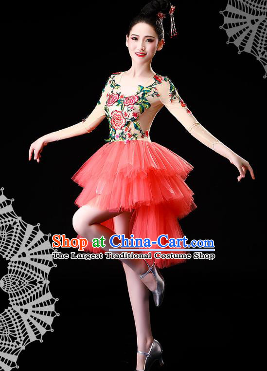 China Jazz Dance Stage Performance Costume Modern Dance Embroidered Pink Bubble Dress