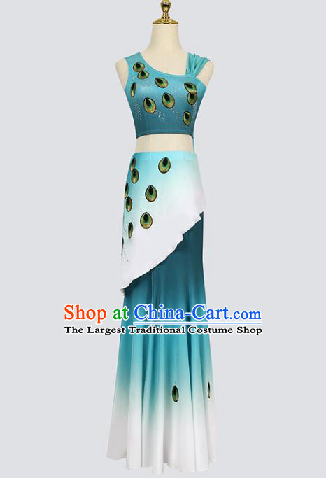 China Traditional Yunnan Ethnic Stage Performance Clothing Dai Nationality Peacock Dance Blue Outfits Costumes