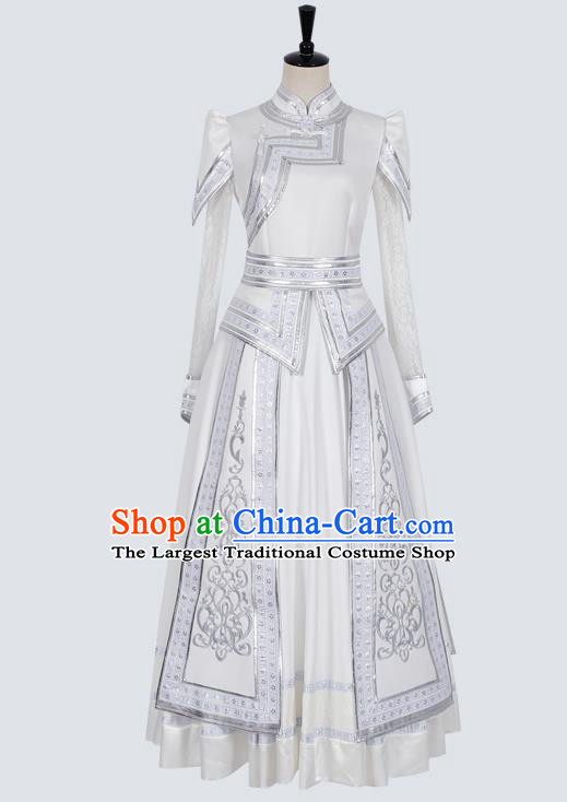 China Traditional Mongolian Ethnic Stage Performance Clothing Mongol Nationality Wedding White Dress Costume