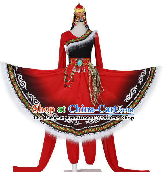 China Traditional Tibetan Ethnic Folk Dance Clothing Zang Nationality Water Sleeve Red Dress Outfits and Headwear