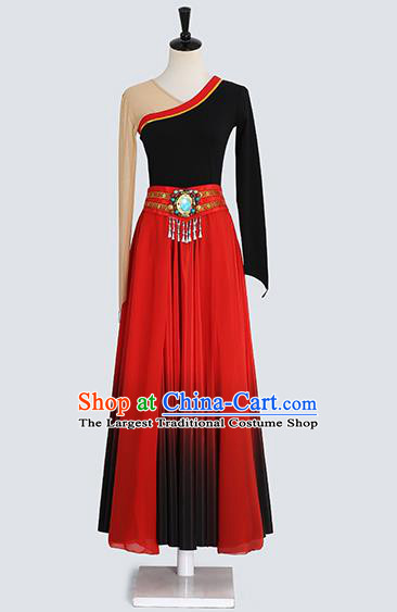 China Traditional Zang Ethnic Folk Dance Clothing Tibetan Nationality Red Dress Outfits