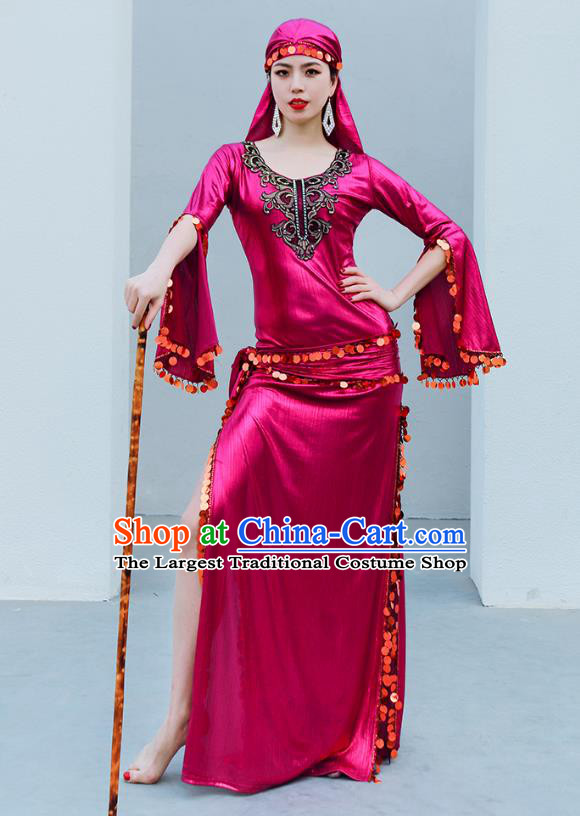 Asian Oriental Dance Raks Sharki Stage Performance Costume Indian Traditional Belly Dance Rosy Robe and Headpiece