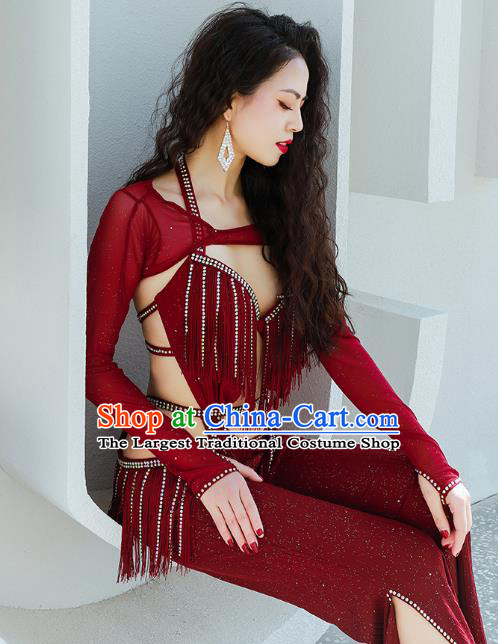 Asian Indian Belly Dance Wine Red Uniforms Traditional Raks Sharki Oriental Dance Jumpsuit Costume