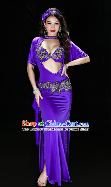 Traditional Indian Belly Dance Performance Purple Outfits Asian Oriental Dance Stage Costumes