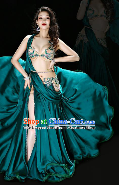 Asian Oriental Dance Stage Performance Outfits Traditional Indian Belly Dance Bra and Green Skirt Costume