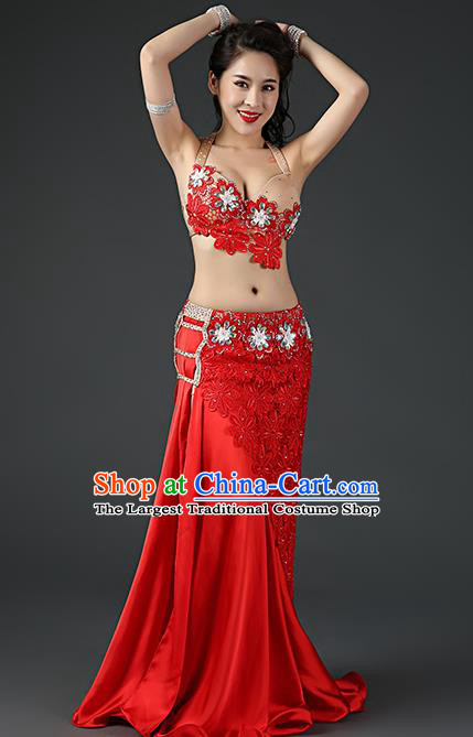 Asian Oriental Dance Embroidered Bra and Red Skirt Traditional Indian Belly Dance Stage Performance Outfits Clothing