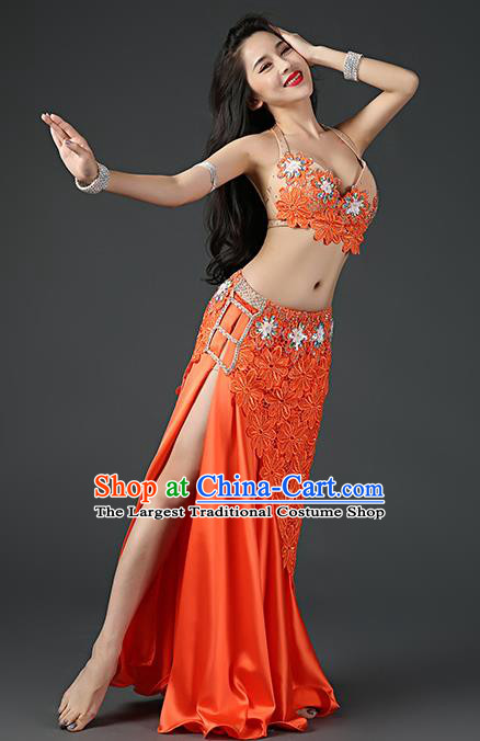 Asian Stage Performance Clothing Oriental Dance Embroidered Bra and Skirt Traditional Indian Belly Dance Orange Outfits