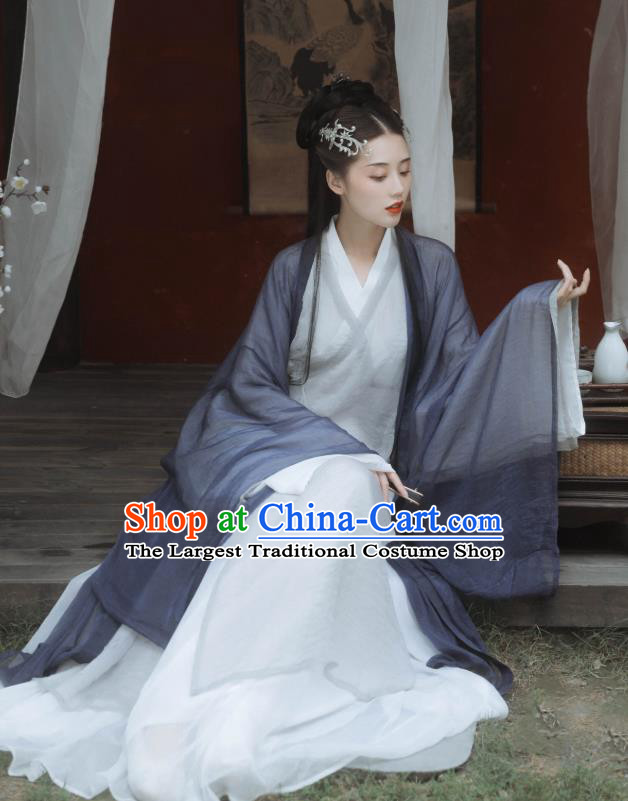 China Ancient Swordswoman Hanfu Dress Traditional Jin Dynasty Young Beauty Grey Clothing