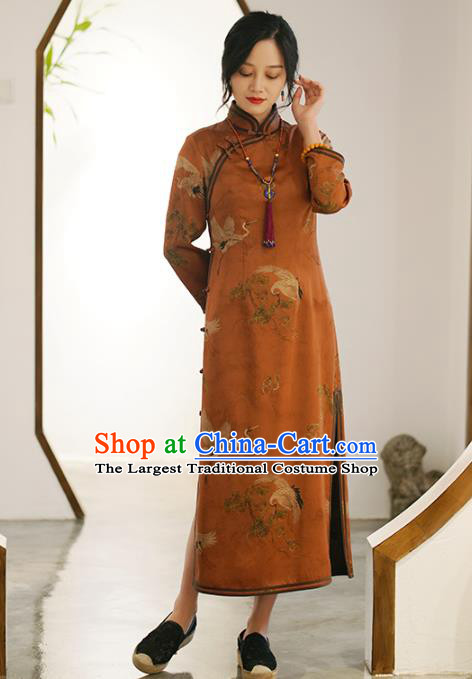 China Classical Cranes Pattern Brown Silk Qipao Dress National Printing Cheongsam