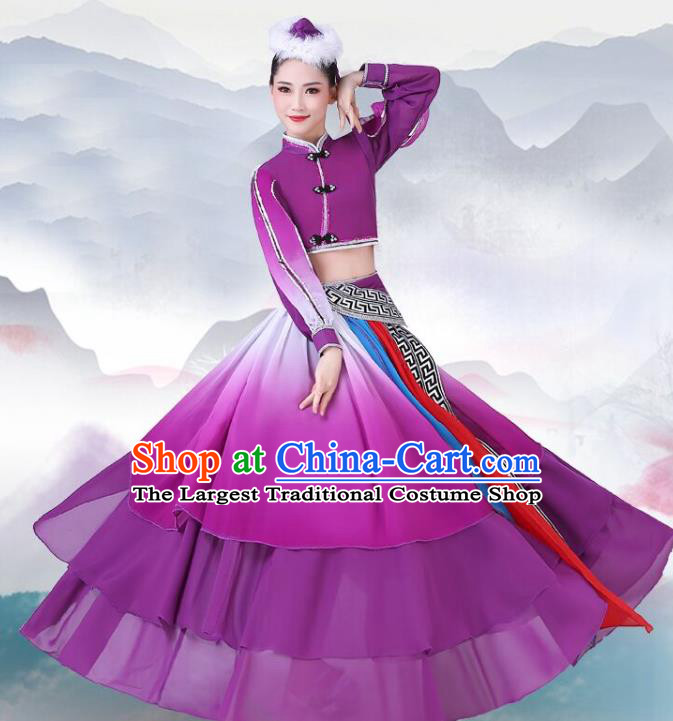 Chinese Traditional Mongolian Nationality Dance Clothing Mongol Ethnic Folk Dance Purple Dress Outfits